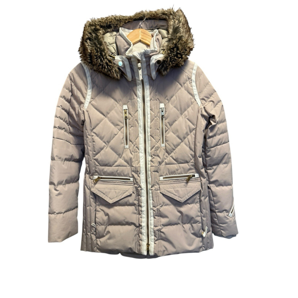 Obermeyer Ski‎ Snowboard Jacket Feather Down Size 6 Beige Faux Fur Hooded